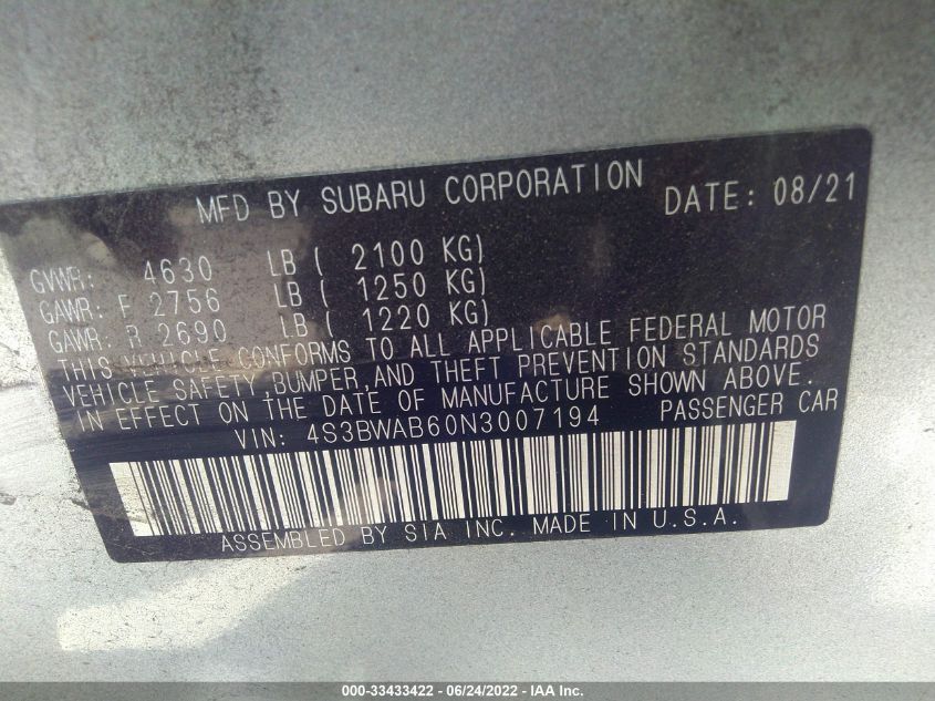 2022 SUBARU LEGACY 4S3BWAB60N3007194