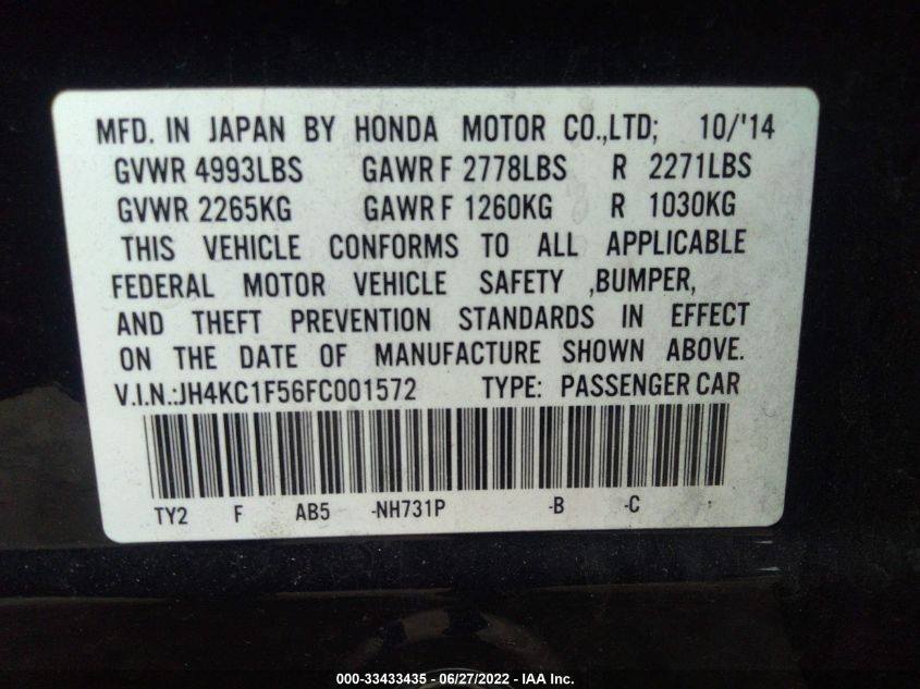 2015 ACURA RLX TECH PKG JH4KC1F56FC001572