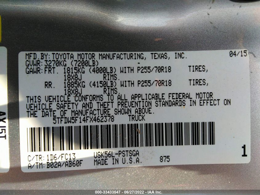2015 TOYOTA TUNDRA 4WD TRUCK CREWMAX SR5/TRD PRO 5TFDW5F14FX462378