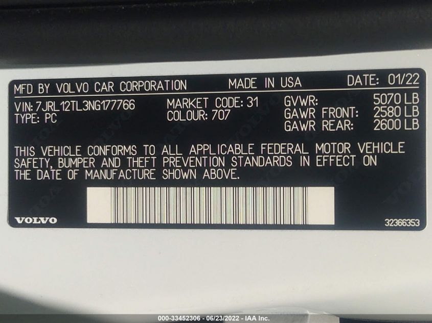 2022 VOLVO S60 INSCRIPTION 7JRL12TL3NG177766