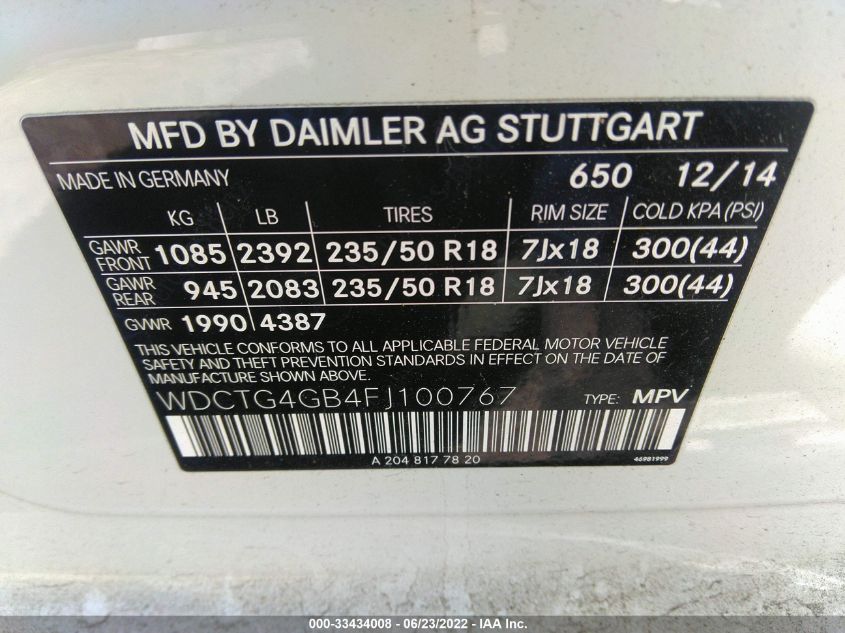 2015 MERCEDES-BENZ GLA-CLASS GLA 250 WDCTG4GB4FJ100767