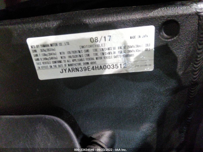 2017 YAMAHA YZFR1 JYARN39E4HA003512