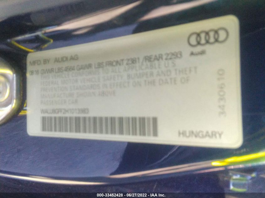 2017 AUDI A3 SEDAN PREMIUM PLUS WAUJ8GFF2H1013983