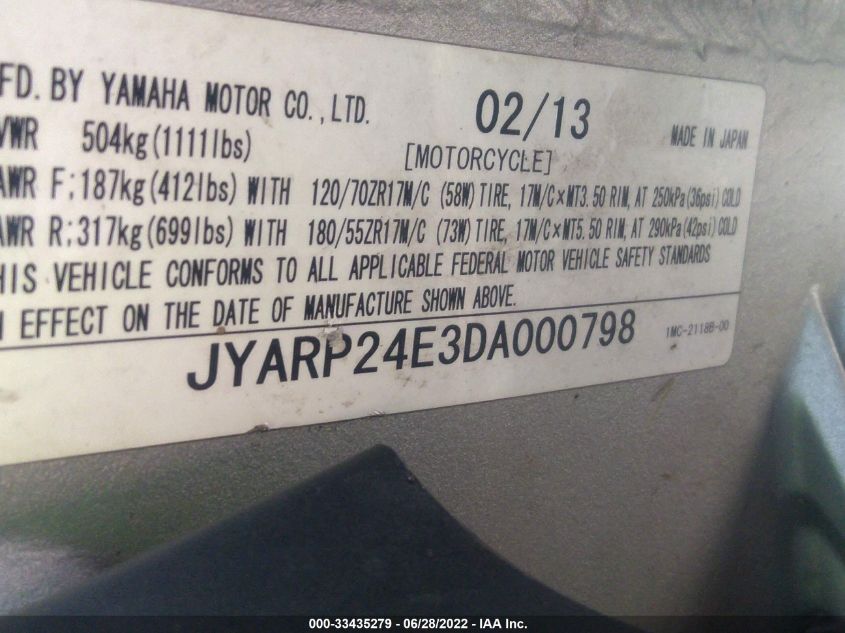 2013 YAMAHA FJR1300 A JYARP24E3DA000798