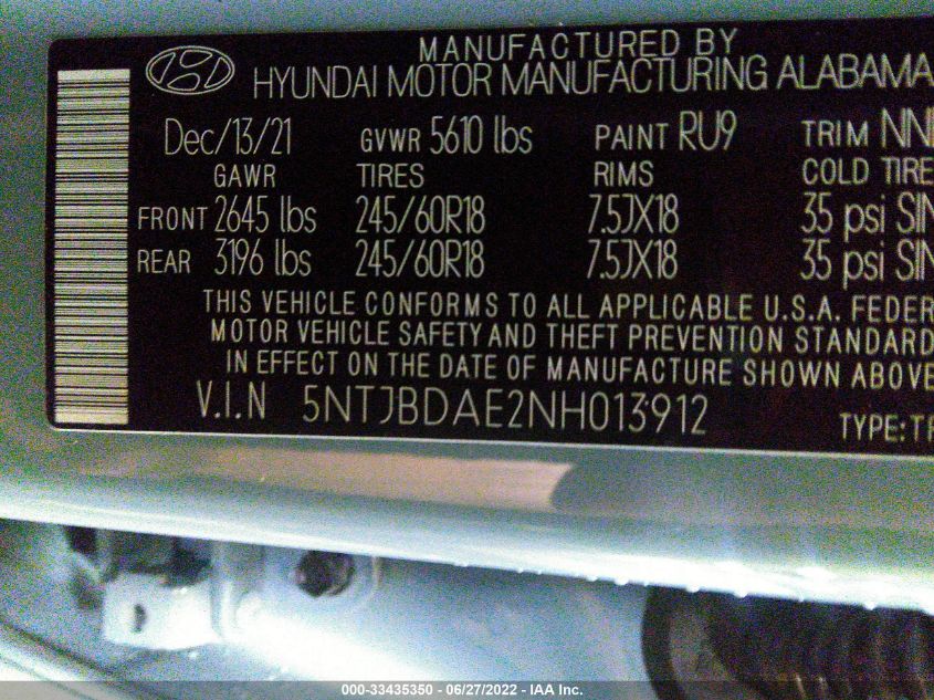 2022 HYUNDAI SANTA CRUZ SEL 5NTJBDAE2NH013912