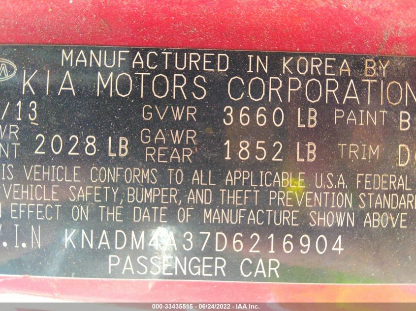 2013 KIA RIO LX KNADM4A37D6216904