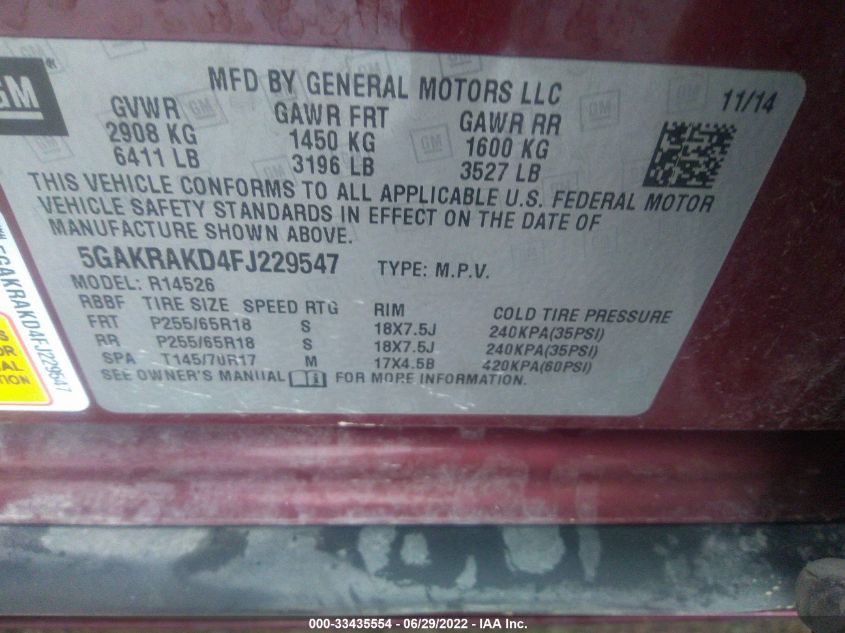 2015 BUICK ENCLAVE CONVENIENCE 5GAKRAKD4FJ229547