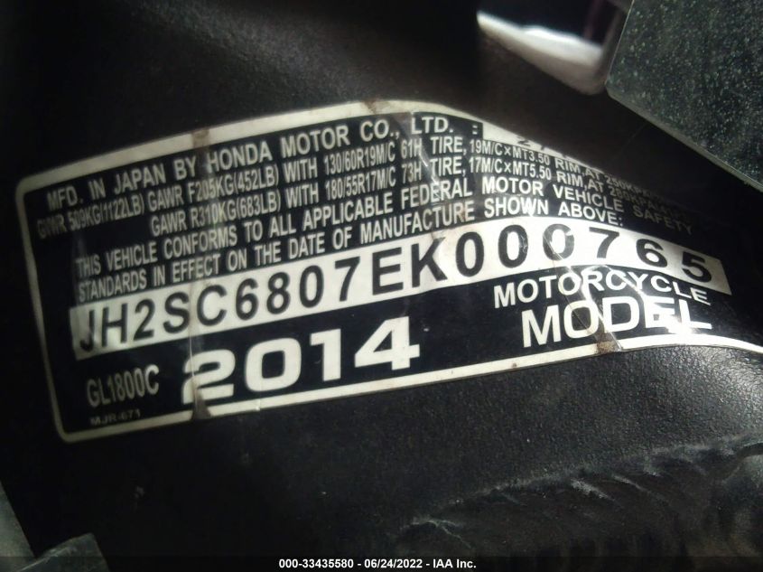 2014 HONDA GL1800 C JH2SC6807EK000765