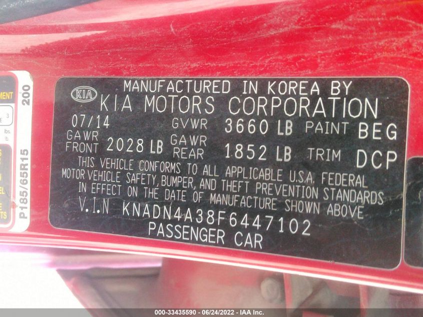 2015 KIA RIO EX KNADN4A38F6447102
