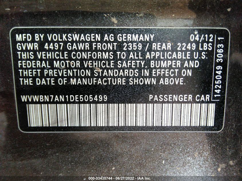 2013 VOLKSWAGEN CC SPORT PLUS WVWBN7AN1DE505499