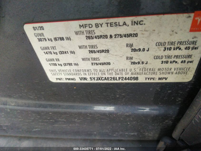 2020 TESLA MODEL X LONG RANGE 5YJXCAE26LF244098