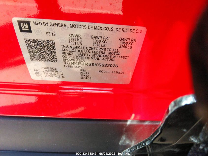 2019 CHEVROLET BLAZER RS 3GNKBJRS9KS632026