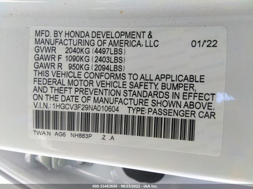 2022 HONDA ACCORD HYBRID SPORT 1HGCV3F29NA010604