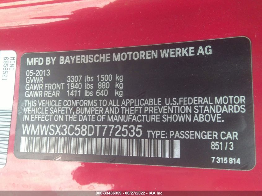 2013 MINI COOPER COUPE S WMWSX3C58DT772535