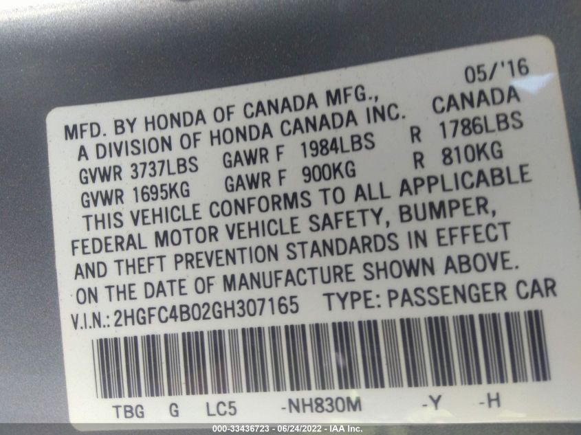 2016 HONDA CIVIC COUPE LX 2HGFC4B02GH307165