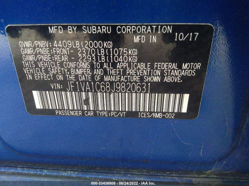 2018 SUBARU WRX PREMIUM JF1VA1C68J9820631