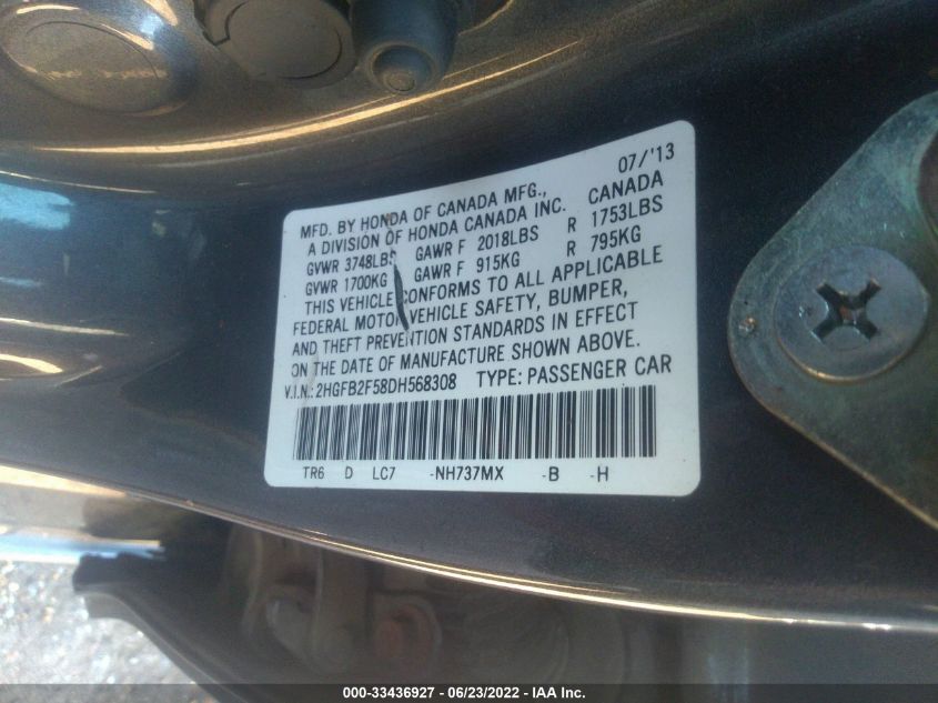 2013 HONDA CIVIC SDN LX 2HGFB2F58DH568308