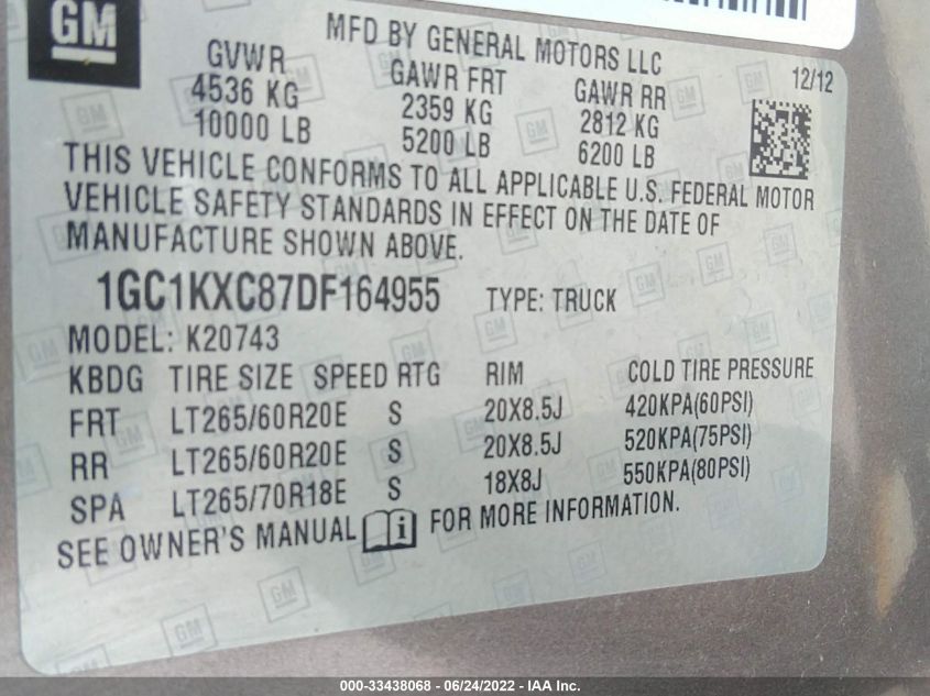 2013 CHEVROLET SILVERADO 2500HD LT 1GC1KXC87DF164955