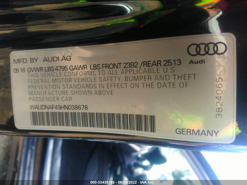 2017 AUDI A4 SEASON OF AUDI PREMIUM WAUDNAF49HN038678