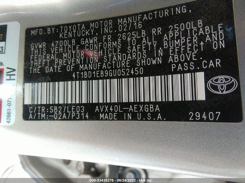 2016 TOYOTA AVALON HYBRID XLE PLUS 4T1BD1EB9GU052450