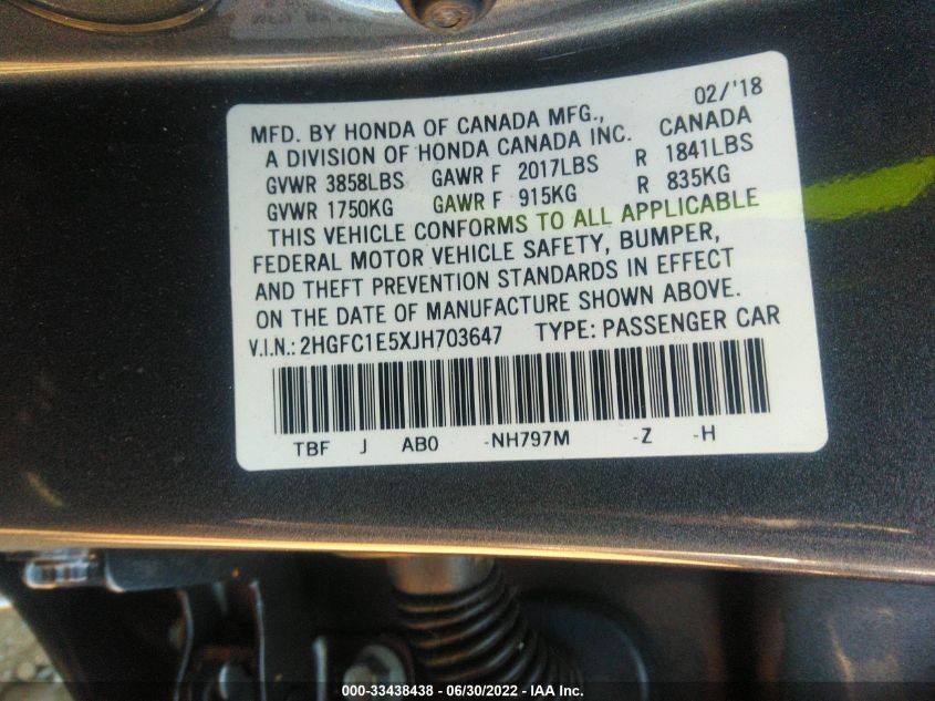 2018 HONDA CIVIC SI SEDAN 2HGFC1E5XJH703647