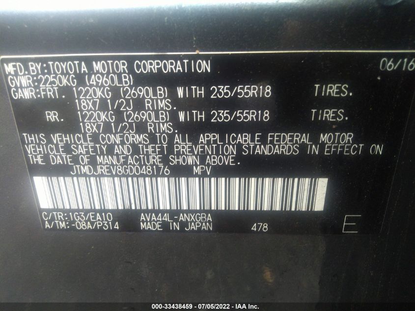 2016 TOYOTA RAV4 HYBRID LIMITED JTMDJREV8GD048176