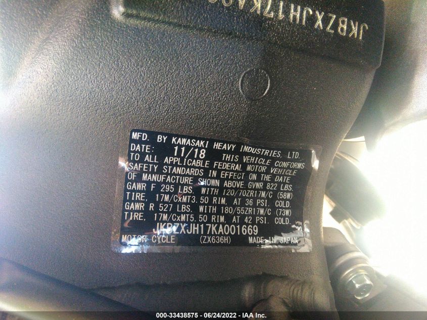 2019 KAWASAKI ZX636 K JKBZXJH17KA001669
