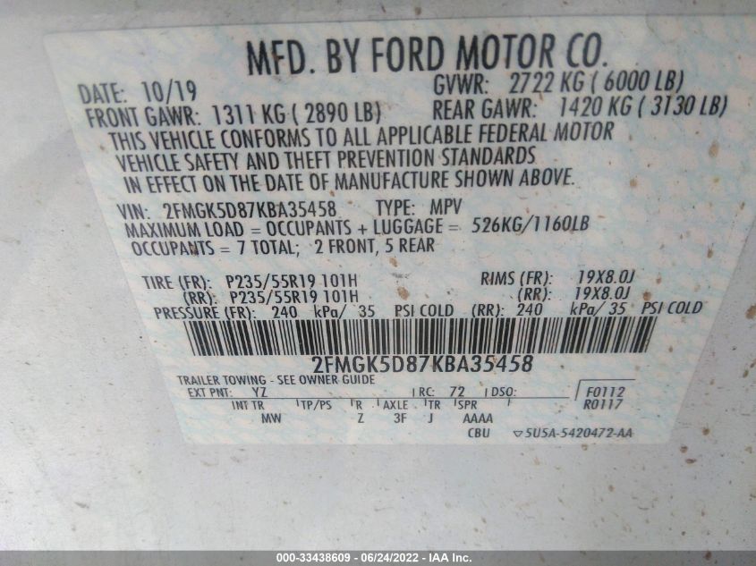 2019 FORD FLEX LIMITED 2FMGK5D87KBA35458