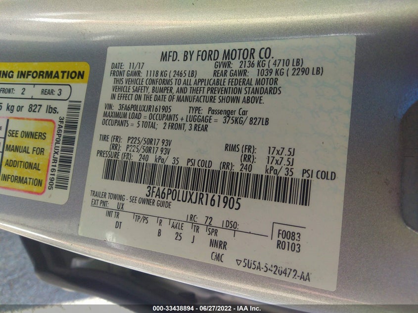 VIN 3FA6P0LUXJR161905 2018 FORD FUSION HYBRID SE