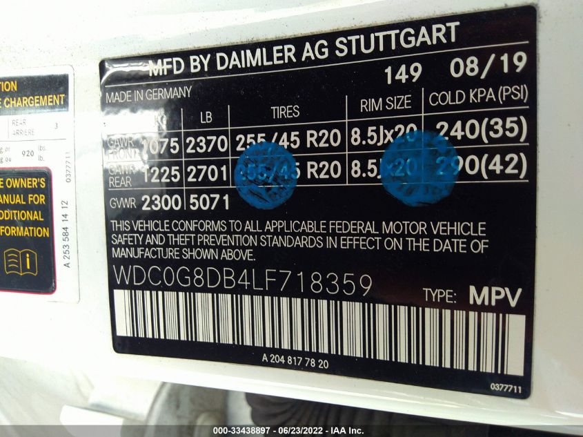 2020 MERCEDES-BENZ GLC GLC 300 WDC0G8DB4LF718359