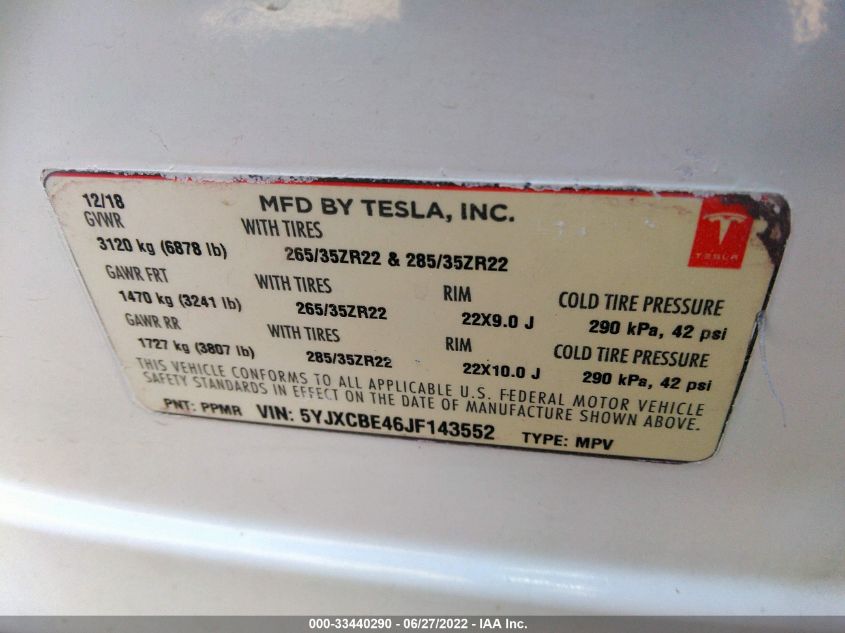 2018 TESLA MODEL X 75D/100D/P100D 5YJXCBE46JF143552