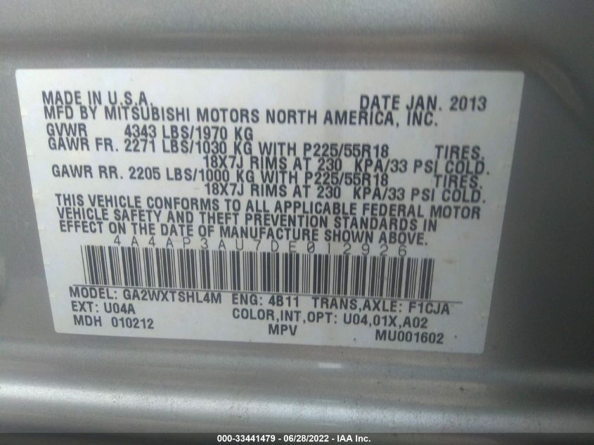 2013 MITSUBISHI OUTLANDER SPORT ES 4A4AP3AU7DE012926
