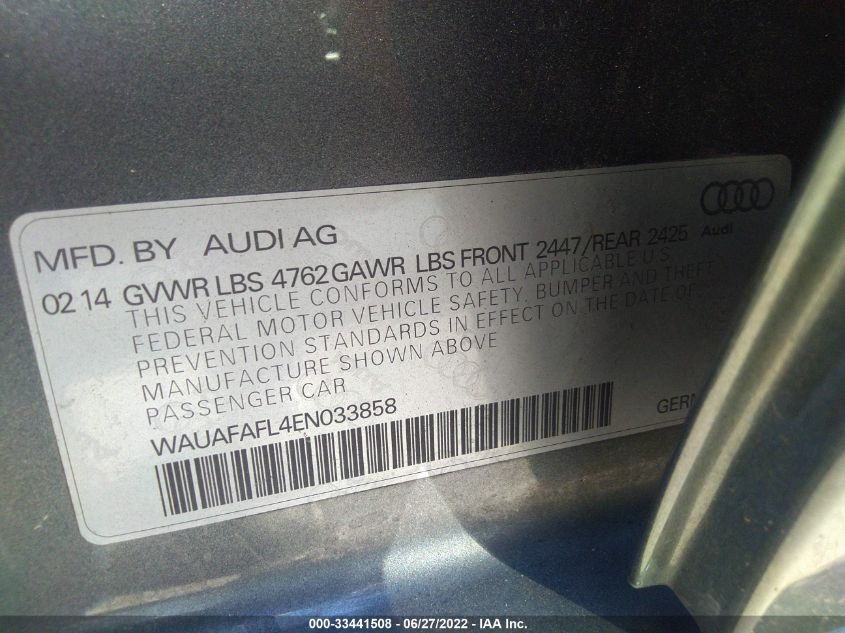 2014 AUDI A4 PREMIUM WAUAFAFL4EN033858