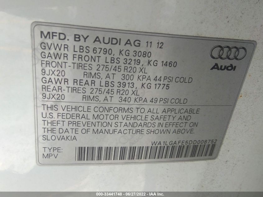 2013 AUDI Q7 3.0T PREMIUM PLUS WA1LGAFE5DD008752