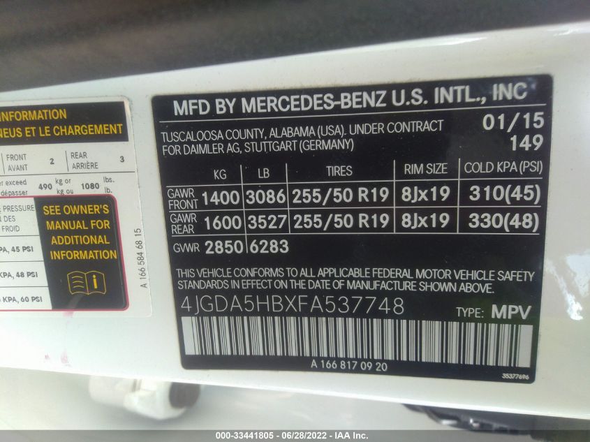 2015 MERCEDES-BENZ M-CLASS ML 350 4JGDA5HBXFA537748