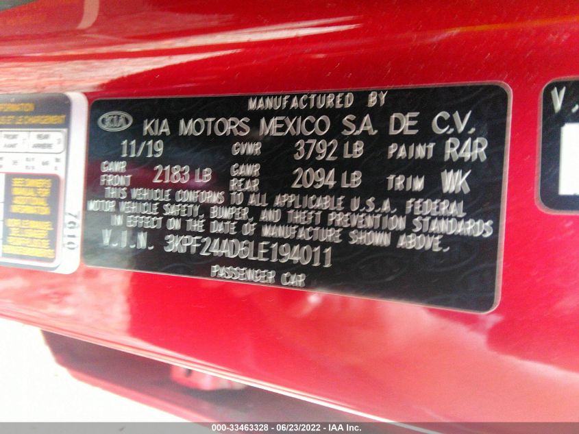 2020 KIA FORTE LXS 3KPF24AD6LE194011