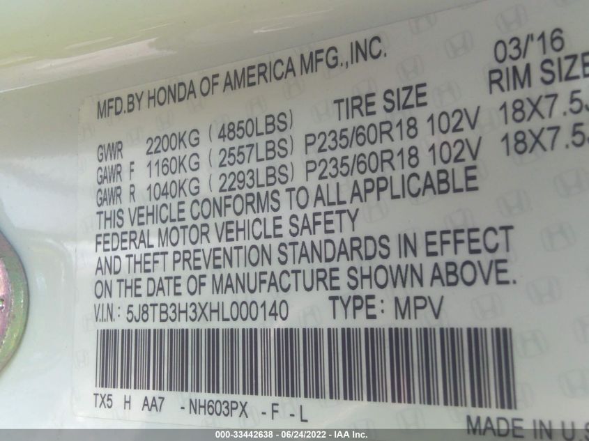 2017 ACURA RDX 5J8TB3H3XHL000140