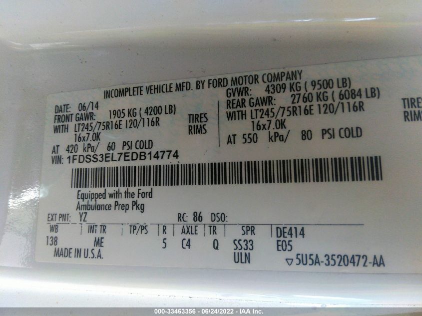 2014 FORD ECONOLINE CARGO VAN COMMERCIAL/RECREATIONAL 1FDSS3EL7EDB14774
