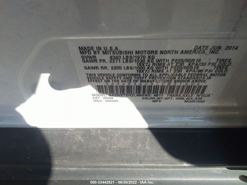 2014 MITSUBISHI OUTLANDER SPORT SE 4A4AR4AU9EE031494