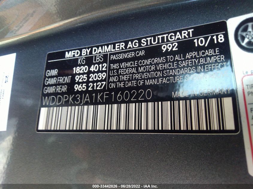 2019 MERCEDES-BENZ SLC SLC 300 WDDPK3JA1KF160220