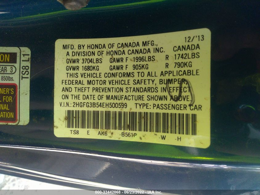2014 HONDA CIVIC COUPE LX 2HGFG3B54EH500599