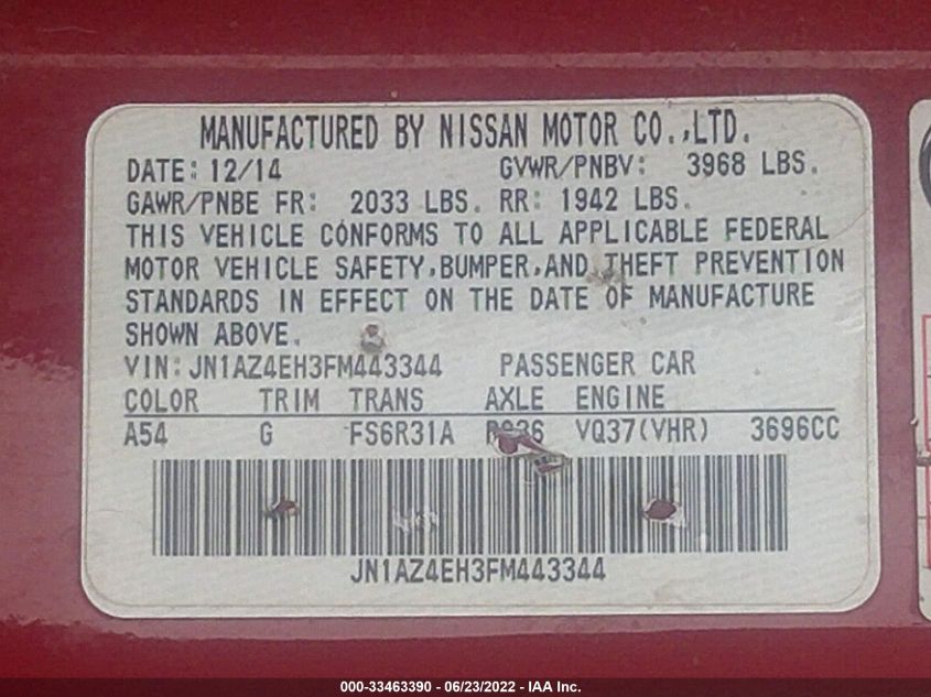 2015 NISSAN 370Z JN1AZ4EH3FM443344