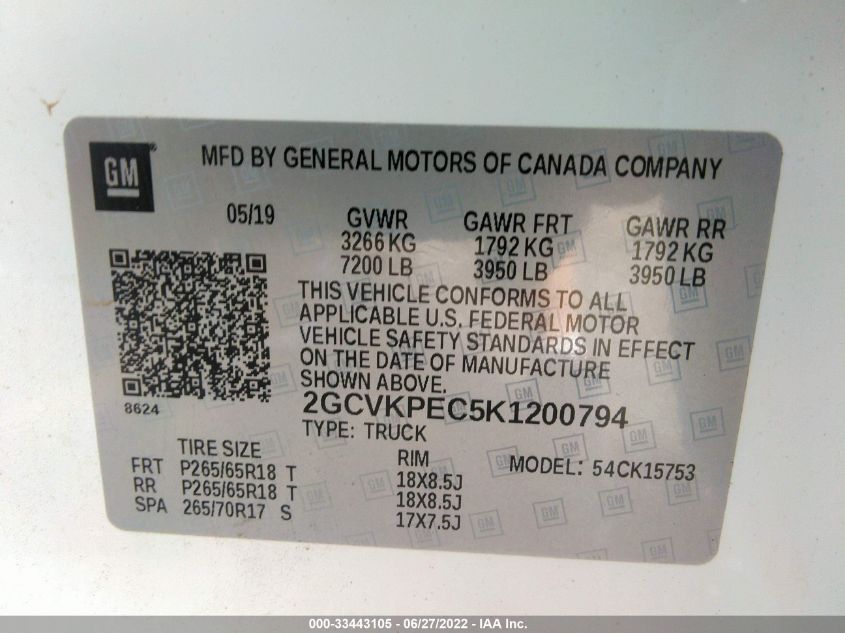 2019 CHEVROLET SILVERADO 1500 LD LT 2GCVKPEC5K1200794
