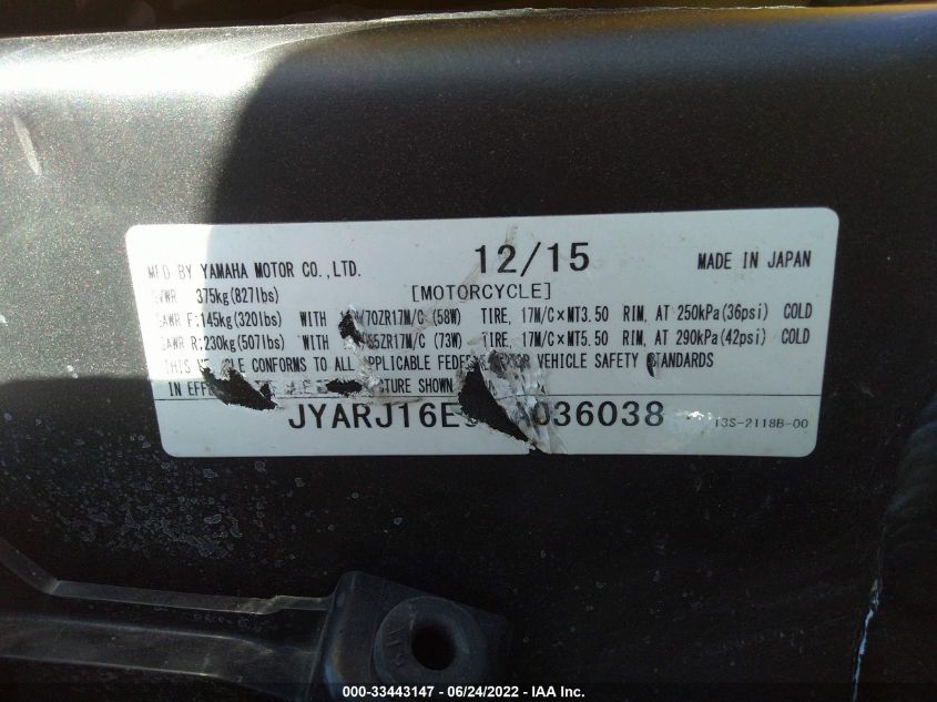 2016 YAMAHA YZFR6 JYARJ16E9GA036038