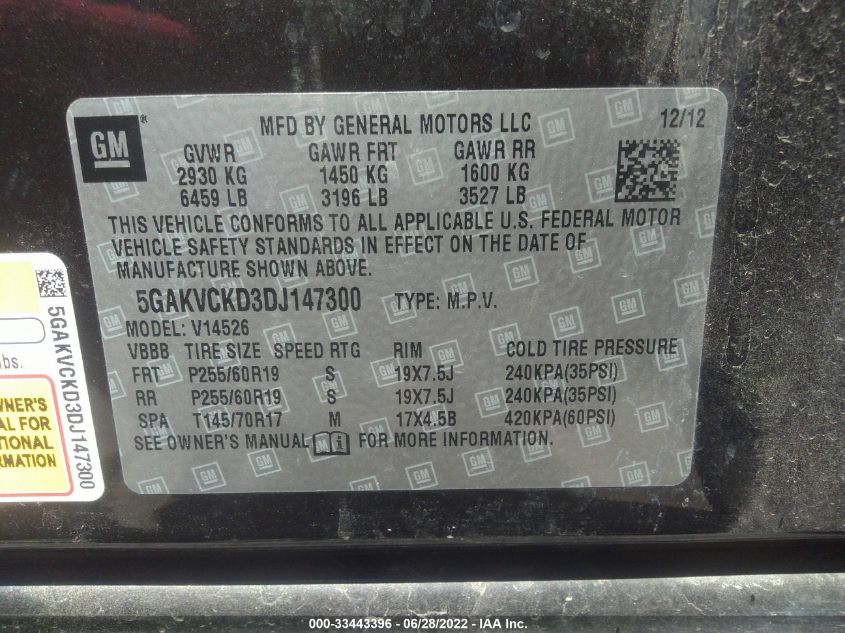 2013 BUICK ENCLAVE LEATHER 5GAKVCKD3DJ147300