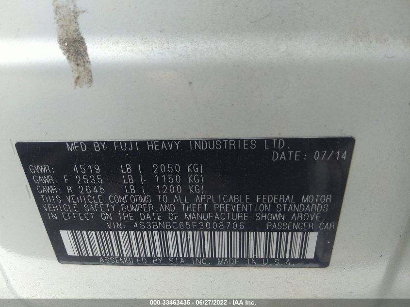 2015 SUBARU LEGACY 2.5I PREMIUM 4S3BNBC65F3008706