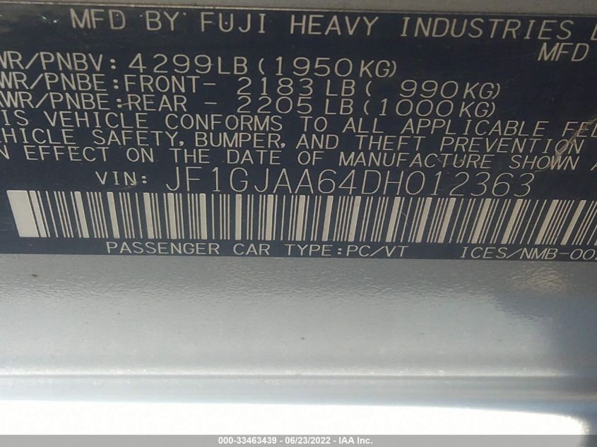 2013 SUBARU IMPREZA SEDAN JF1GJAA64DH012363