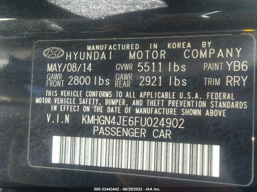 2015 HYUNDAI GENESIS 3.8L KMHGN4JE6FU024902