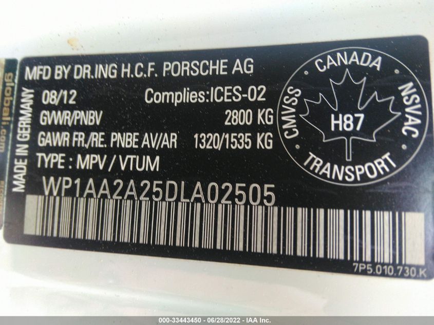 2013 PORSCHE CAYENNE WP1AA2A25DLA02505