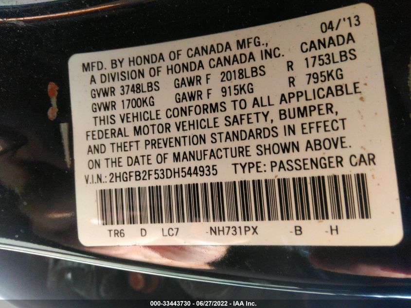 2013 HONDA CIVIC SDN LX 2HGFB2F53DH544935